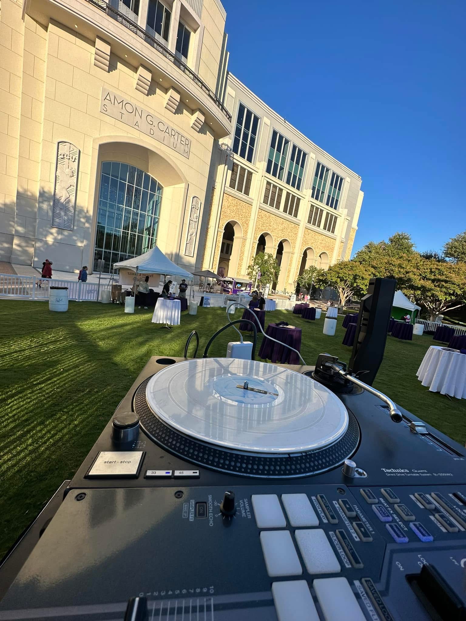 Turntable setup at Amon G. Carter Stadium outdoor event